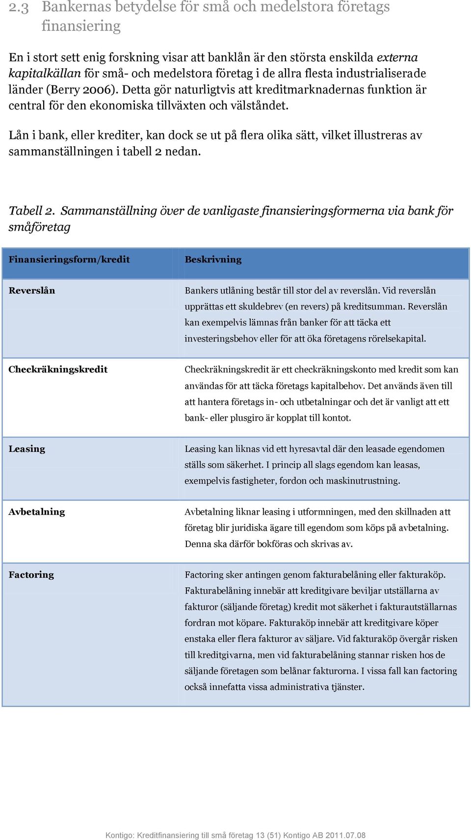 Lån i bank, eller krediter, kan dock se ut på flera olika sätt, vilket illustreras av sammanställningen i tabell 2 nedan. Tabell 2.