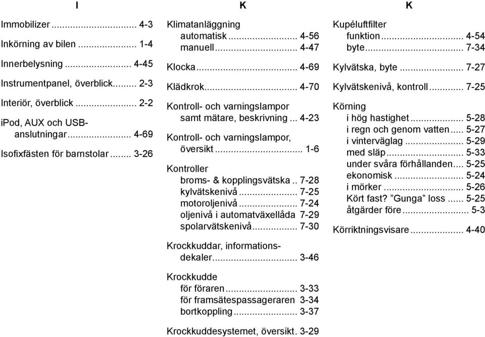 .. 1-6 Kontroller broms- & kopplingsvätska... 7-28 kylvätskenivå... 7-25 motoroljenivå... 7-24 oljenivå i automatväxellåda. 7-29 spolarvätskenivå... 7-30 Krockkuddar, informationsdekaler.