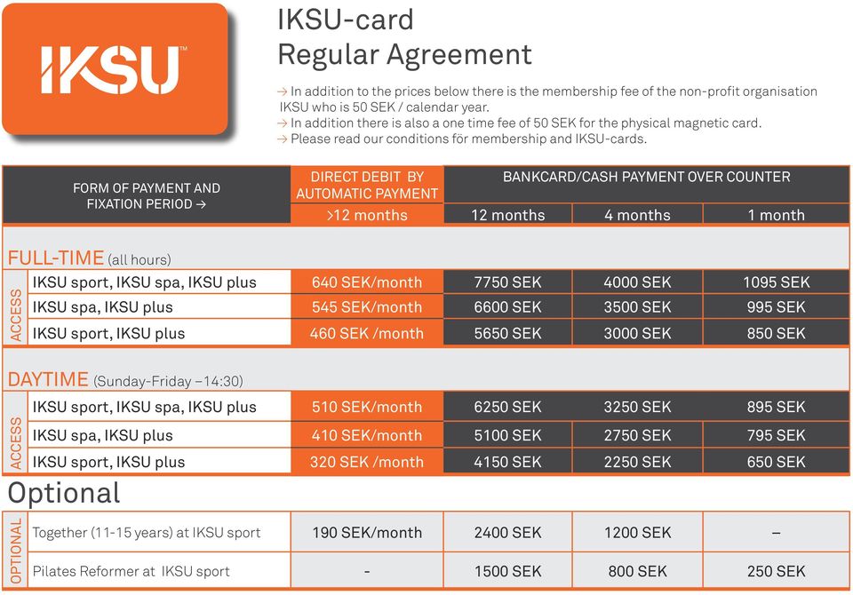 FORM OF PAYMENT AND FIXATION PERIOD DIRECT DEBIT BY BANKCARD/CASH PAYMENT OVER COUNTER AUTOMATIC PAYMENT >12 months 12 months 4 months 1 month FULL-TIME (all hours) IKSU sport, IKSU spa, IKSU plus
