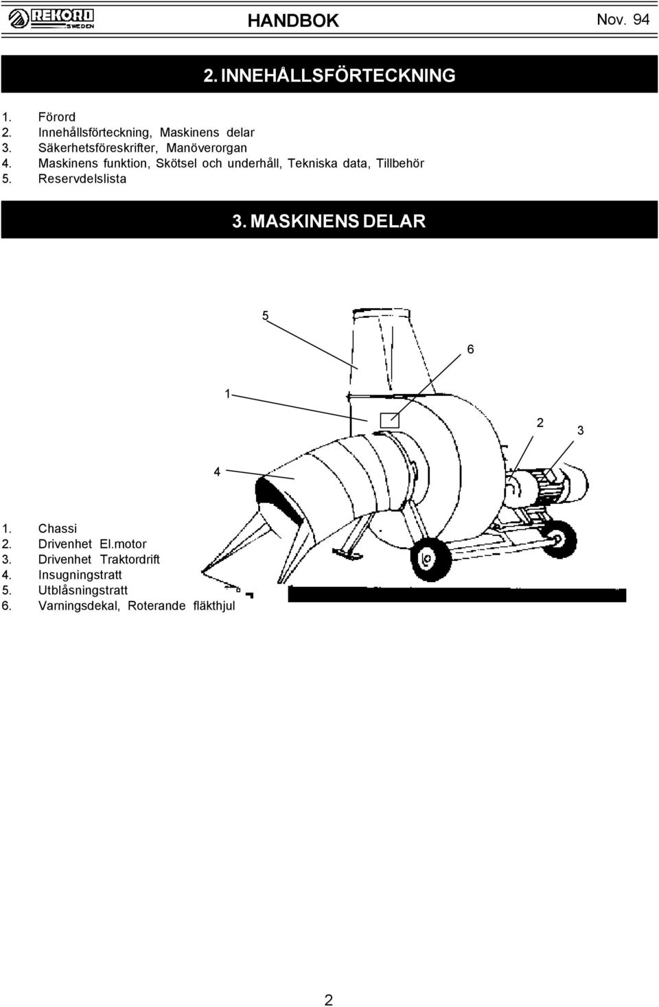 Maskinens funktion, Skötsel och underhåll, Tekniska data, Tillbehör 5. Reservdelslista 3.