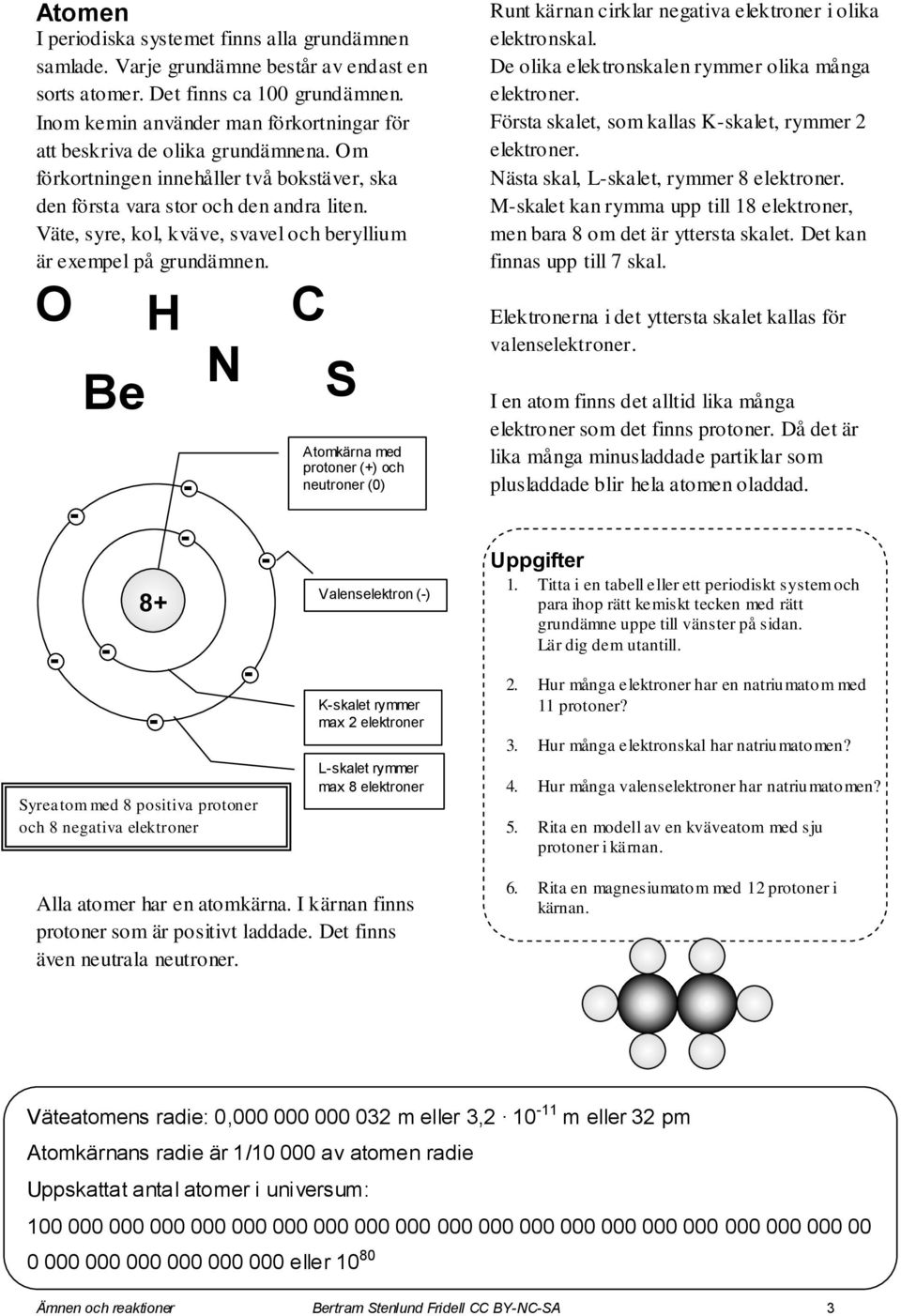Väte, syre, kol, kväve, svavel och beryllium är exempel på grundämnen. O Be 8+ N Syreatom med 8 positiva protoner och 8 negativa elektroner S Alla atomer har en atomkärna.
