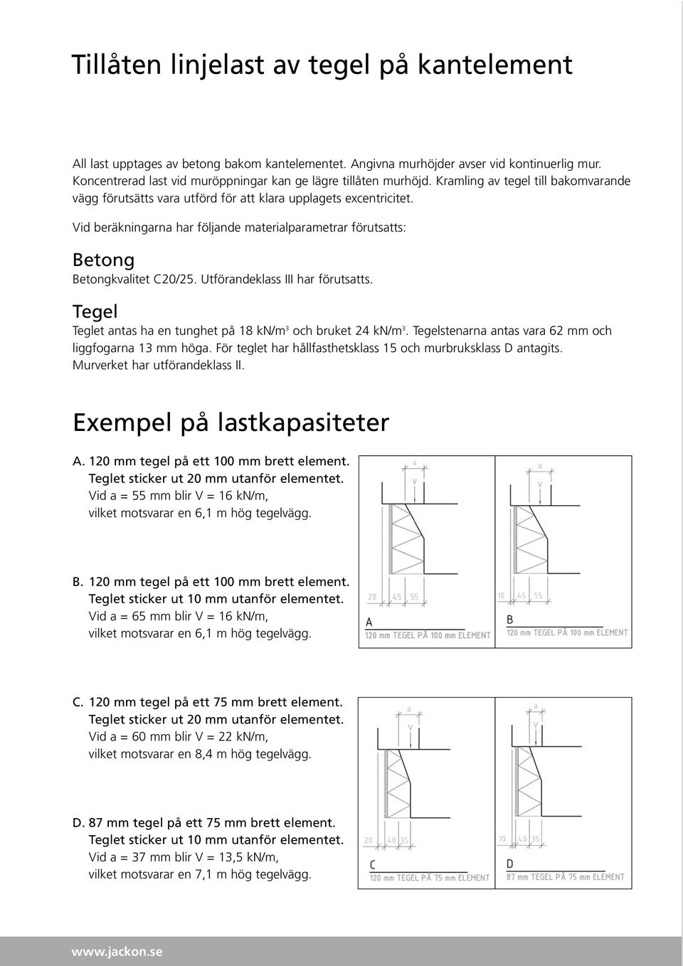 Vid beräkningarna har följande materialparametrar förutsatts: Betong Betongkvalitet C20/25. Utförandeklass III har förutsatts. Tegel Teglet antas ha en tunghet på 18 kn/m 3 och bruket 24 kn/m 3.