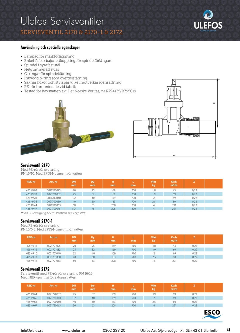 R794135/R795019 Servisventil 2170 Med PE-rör för svetsning PN 16/10. Med EPDM-gui för vatten RSK-nr Art.