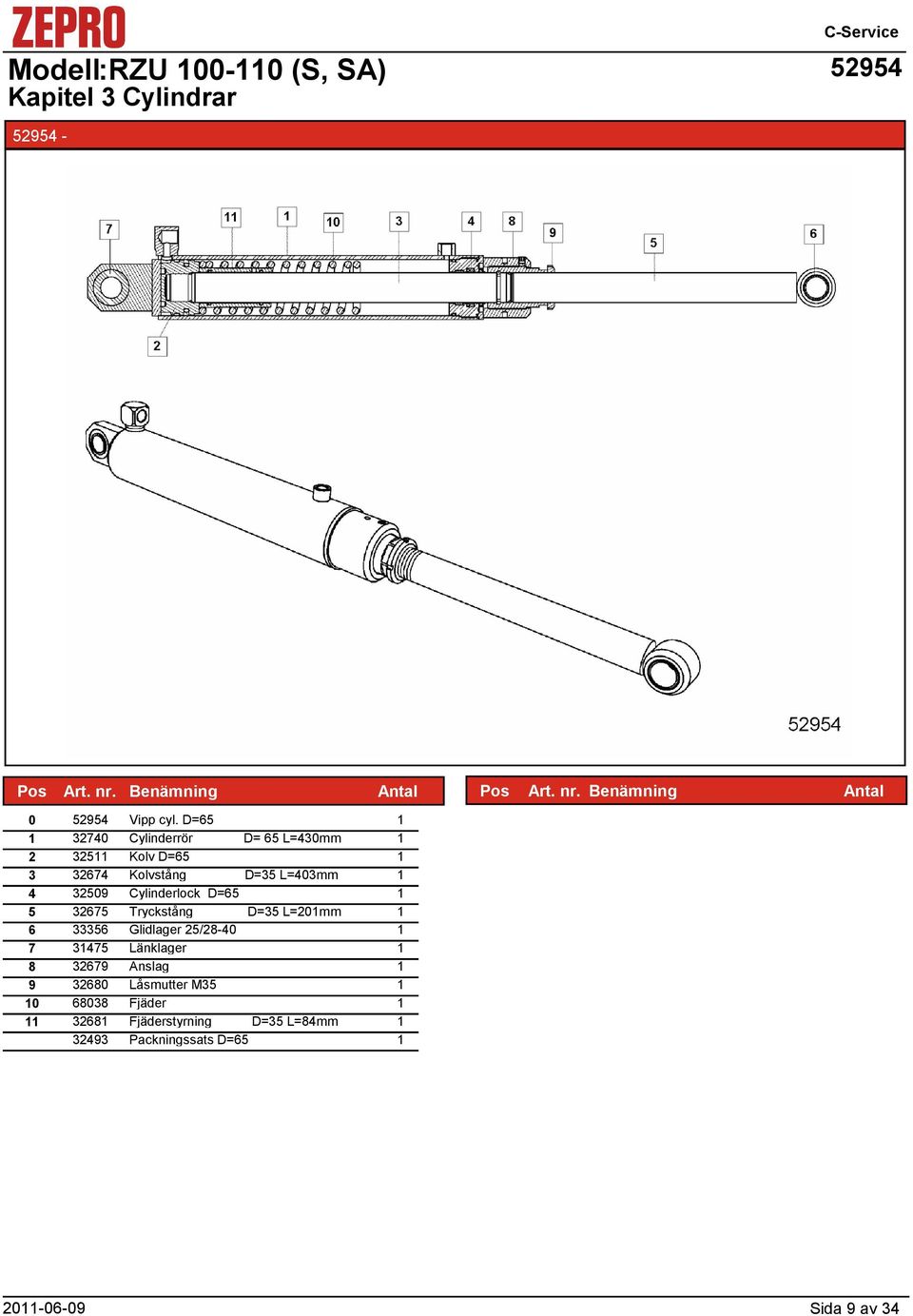 Cylinderlock D=65 5 675 Tryckstång D=5 L=0mm 6 56 Glidlager 5/8-40 7 475 Länklager 8