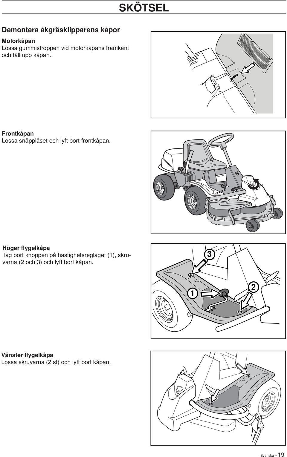 Höger flygelkåpa Tag bort knoppen på hastighetsreglaget (1), skruvarna (2 och 3) och