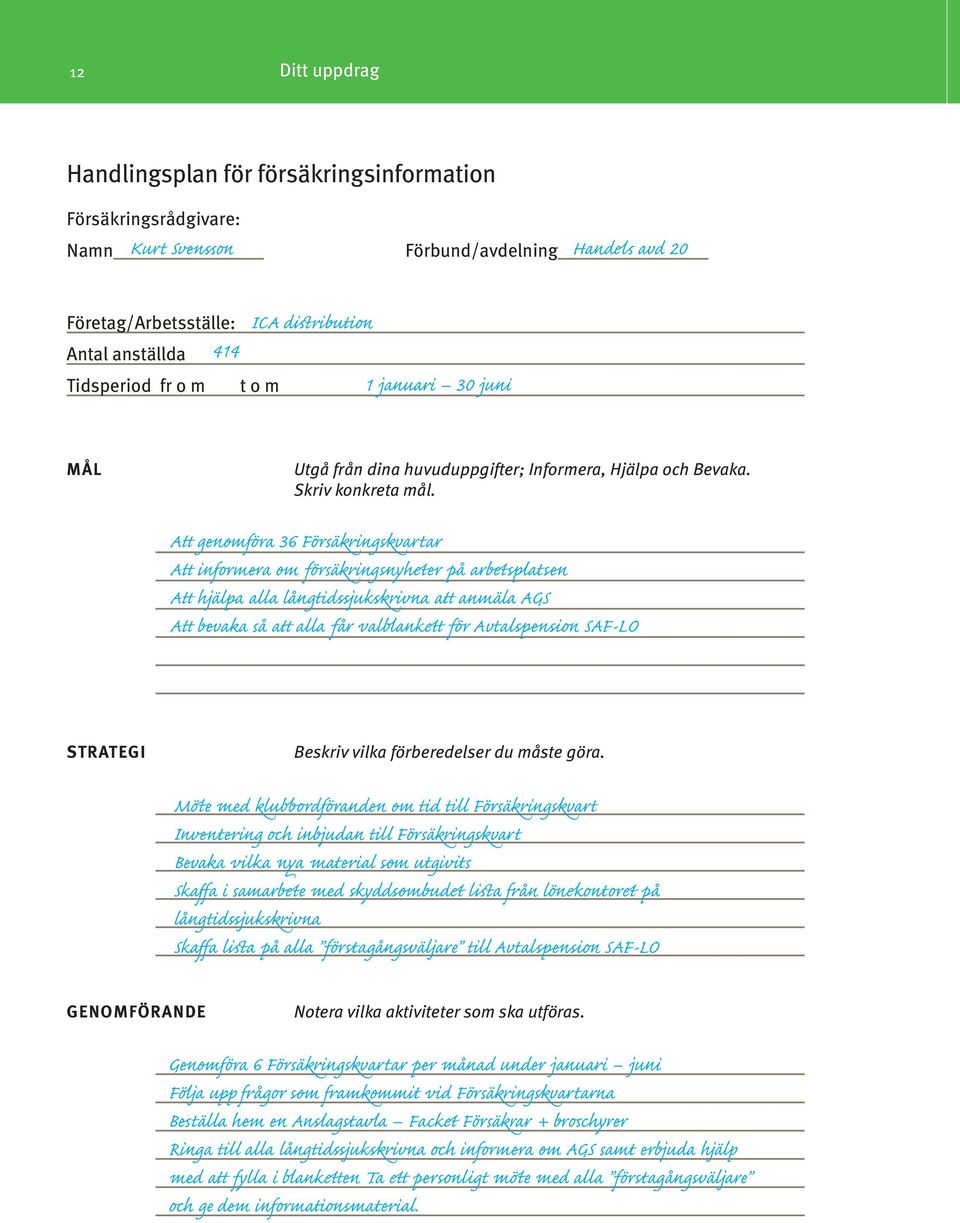 Att genomföra 36 Försäkringskvartar Att informera om försäkringsnyheter på arbetsplatsen Att hjälpa alla långtidssjukskrivna att anmäla AGS Att bevaka så att alla får valblankett för Avtalspension