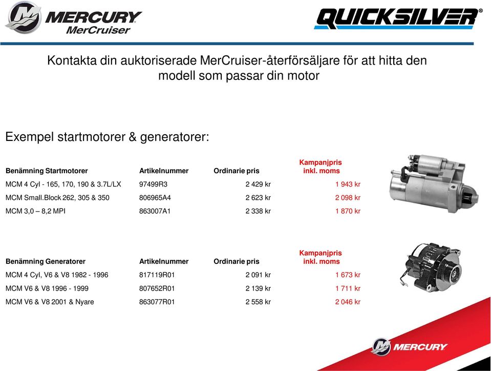 Block 262, 305 & 350 806965A4 2 623 kr 2 098 kr MCM 3,0 8,2 MPI 863007A1 2 338 kr 1 870 kr Benämning Generatorer