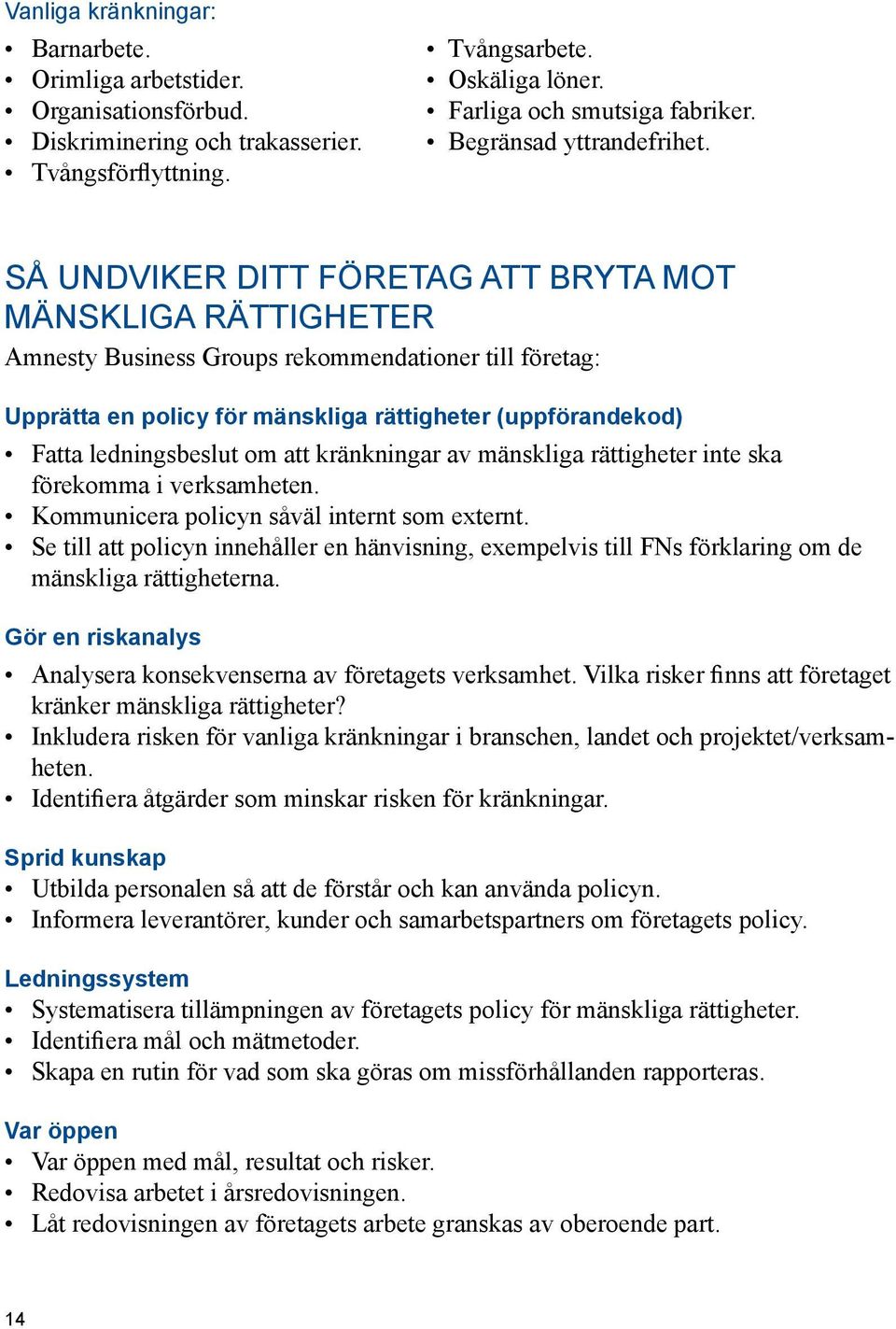 Så undviker ditt företag att bryta mot mänskliga rättigheter Amnesty Business Groups rekommendationer till företag: Upprätta en policy för mänskliga rättigheter (uppförandekod) Fatta ledningsbeslut