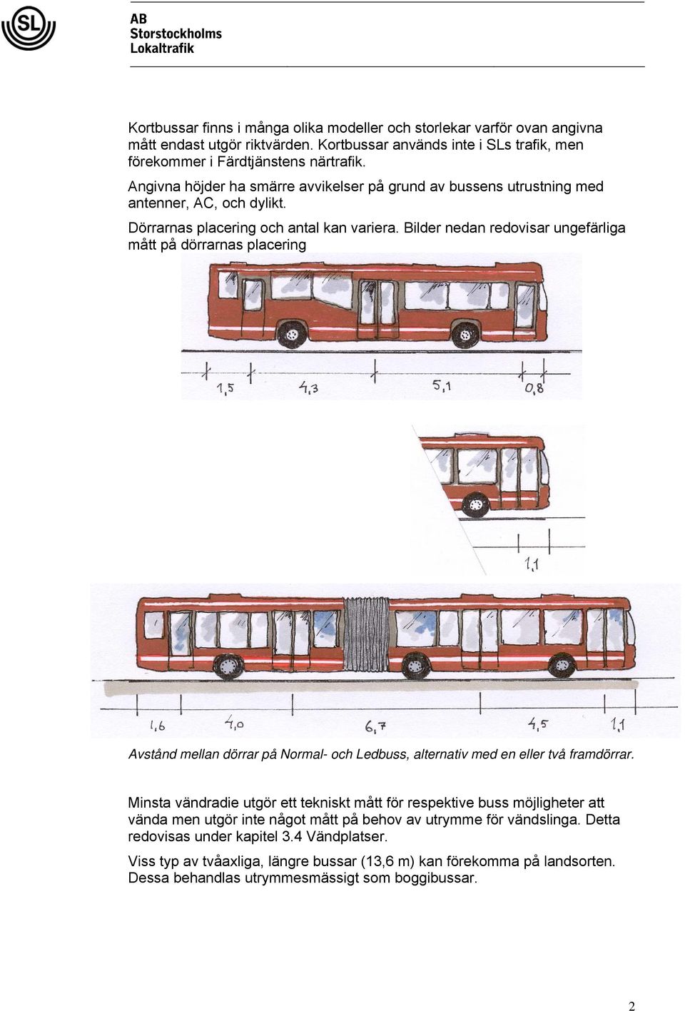 Bilder nedan redovisar ungefärliga mått på dörrarnas placering Avstånd mellan dörrar på Normal- och Ledbuss, alternativ med en eller två framdörrar.