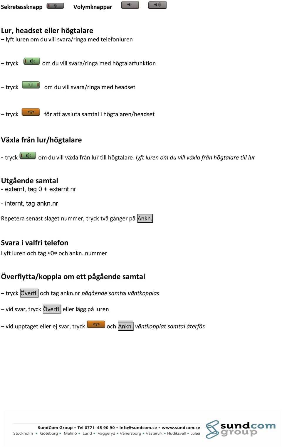 till högtalare lyft luren om du vill växla från högtalare till lur Utgående samtal - externt, tag 0 + externt nr - internt, tag ankn.nr Repetera senast slaget nummer, tryck två gånger på Ankn.