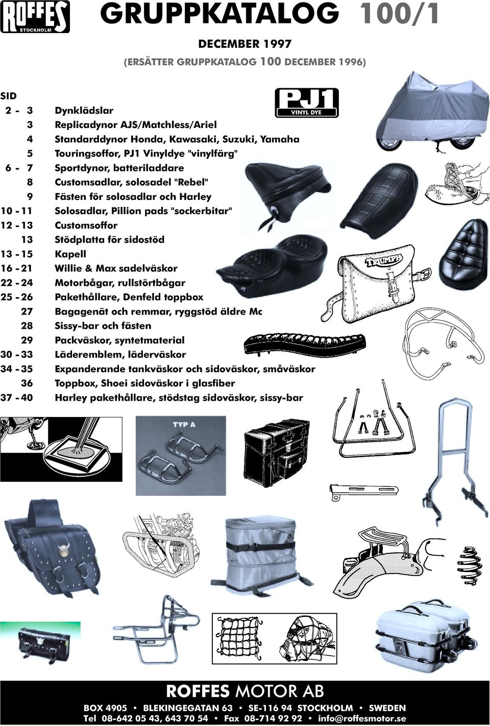 Customsoffor 13 Stödplatta för sidostöd 13-15 Kapell 16-21 Willie & Max sadelväskor 22-24 Motorbågar, rullstörtbågar 25-26 Pakethållare, Denfeld toppbox 27 Bagagenät och remmar, ryggstöd äldre Mc 28