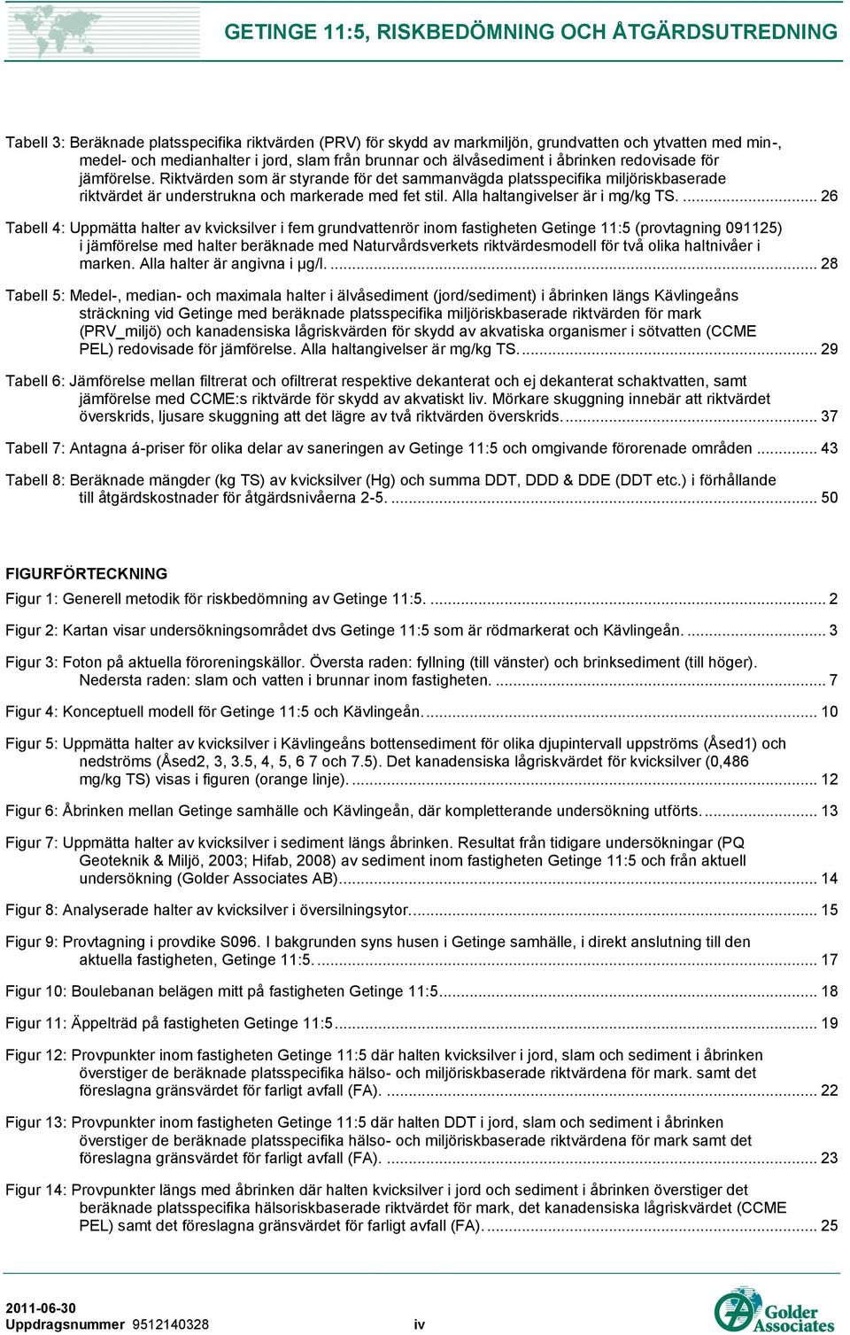 ... 26 Tabell 4: Uppmätta halter av kvicksilver i fem grundvattenrör inom fastigheten Getinge 11:5 (provtagning 091125) i jämförelse med halter beräknade med Naturvårdsverkets riktvärdesmodell för