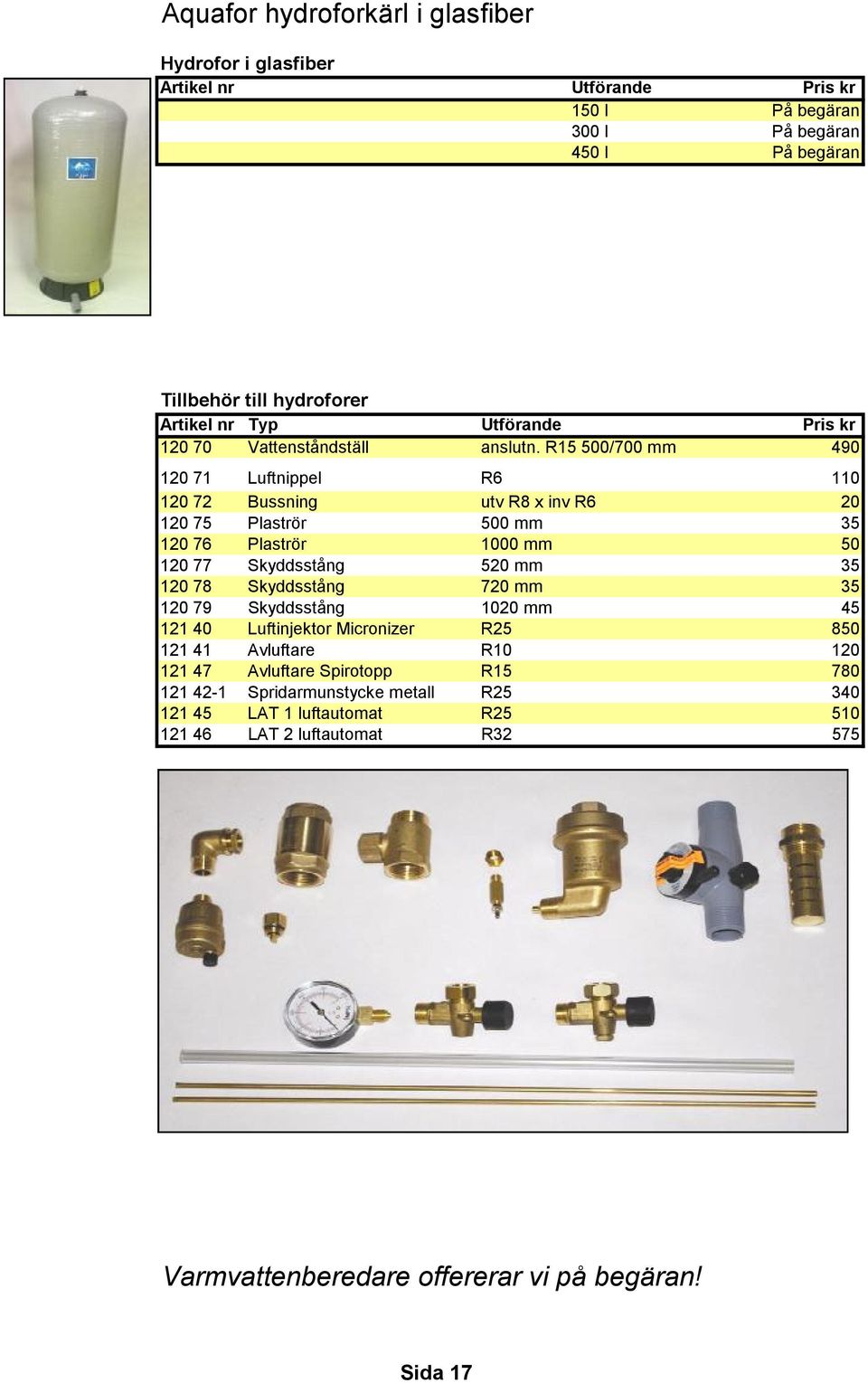 R15 500/700 mm 490 120 71 Luftnippel R6 110 120 72 Bussning utv R8 x inv R6 20 120 75 Plaströr 500 mm 35 120 76 Plaströr 1000 mm 50 120 77 Skyddsstång 520 mm 35 120 78
