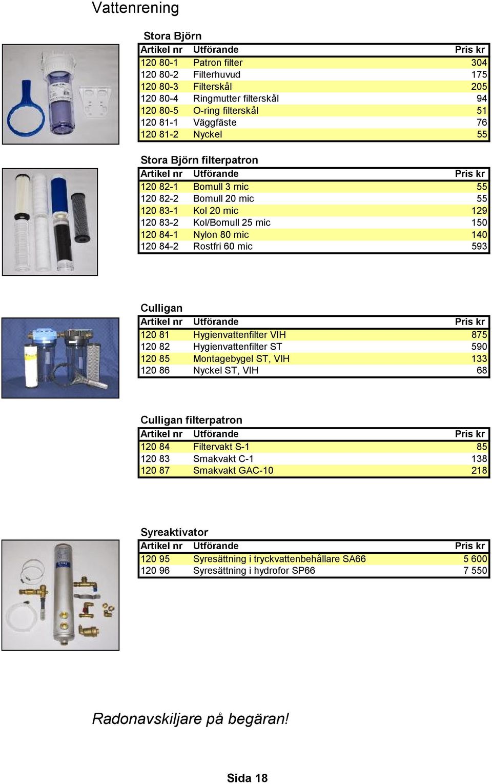mic 593 Culligan 120 81 Hygienvattenfilter VIH 875 120 82 Hygienvattenfilter ST 590 120 85 Montagebygel ST, VIH 133 120 86 Nyckel ST, VIH 68 Culligan filterpatron 120 84 Filtervakt S-1 85 120