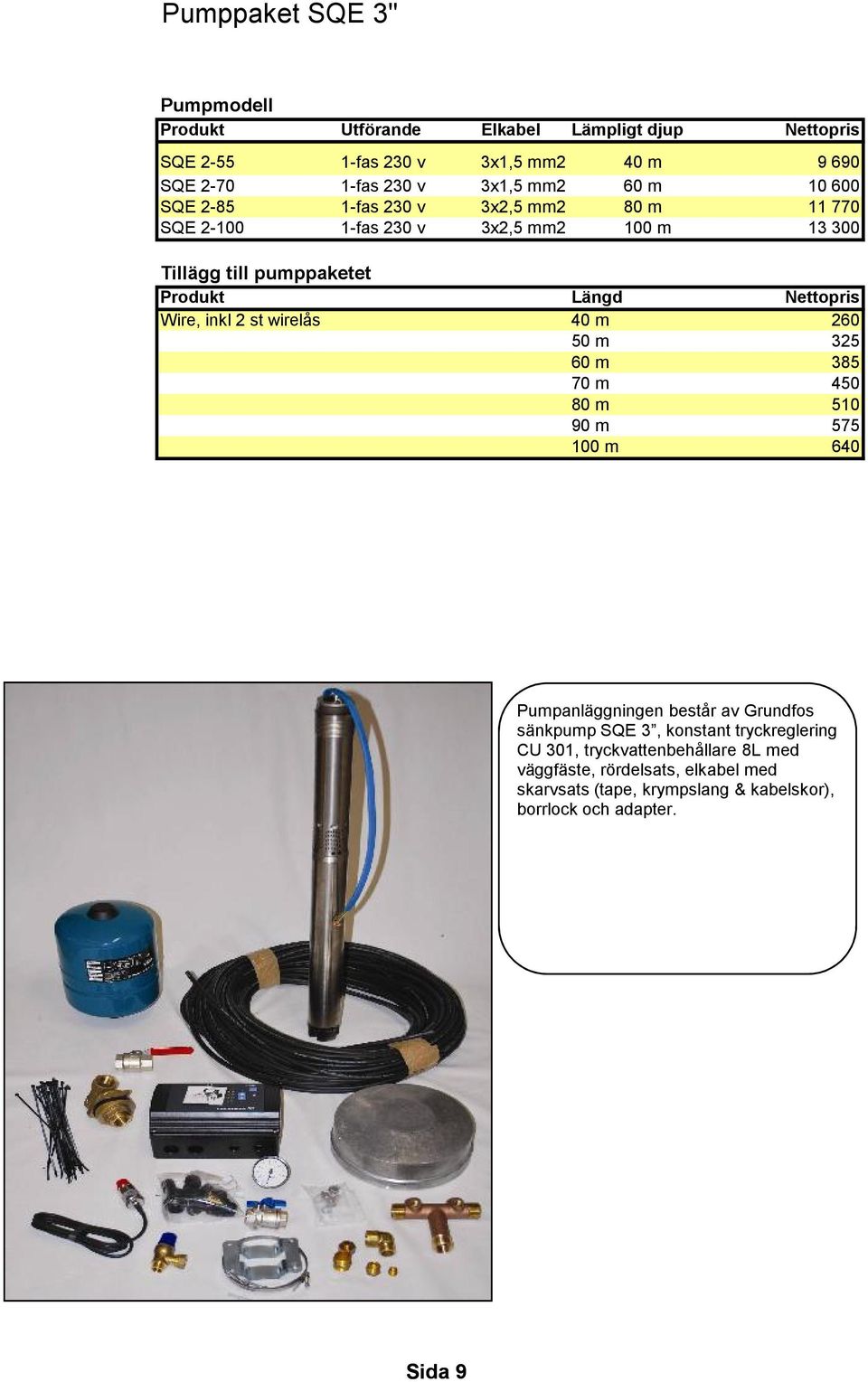 Wire, inkl 2 st wirelås 40 m 260 50 m 325 60 m 385 70 m 450 80 m 510 90 m 575 100 m 640 Pumpanläggningen består av Grundfos sänkpump SQE 3, konstant
