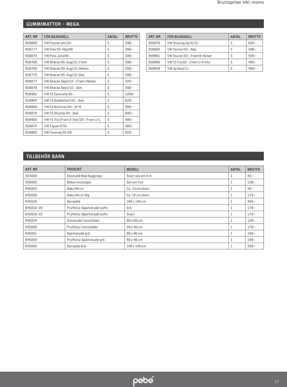 958861 VW Touran 03- ;Fram & Mellan 5 429:- 958768 VW Sharan 95-Aug/10 ;Fram 5 298:- 958866 VW T5 Trp 03- ;Fram 1+2 Sits 5 489:- 958769 VW Sharan 95-Aug/10 ;Mellan 5 298:- 958959 VW Up Nov/11-5 489:-