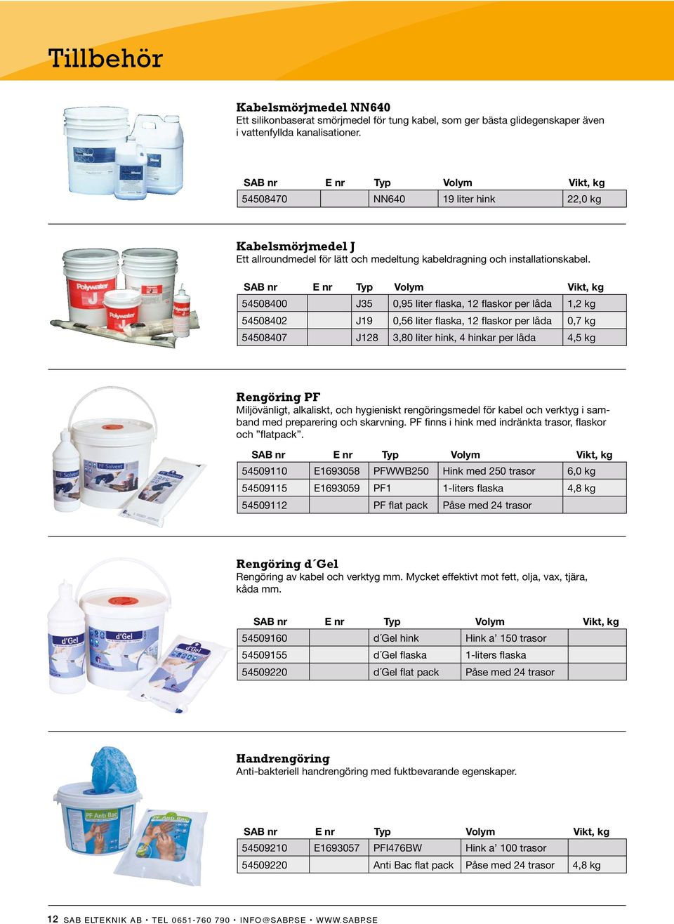 SAB nr E nr Typ Volym Vikt, kg 54508400 J35 0,95 liter flaska, 12 flaskor per låda 1,2 kg 54508402 J19 0,56 liter flaska, 12 flaskor per låda 0,7 kg 54508407 J128 3,80 liter hink, 4 hinkar per låda