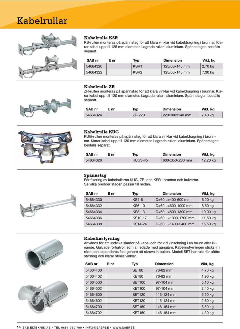Klarar kabel upp till 120 mm diameter. Lagrade rullar i aluminium. Spännstagen beställs separat.
