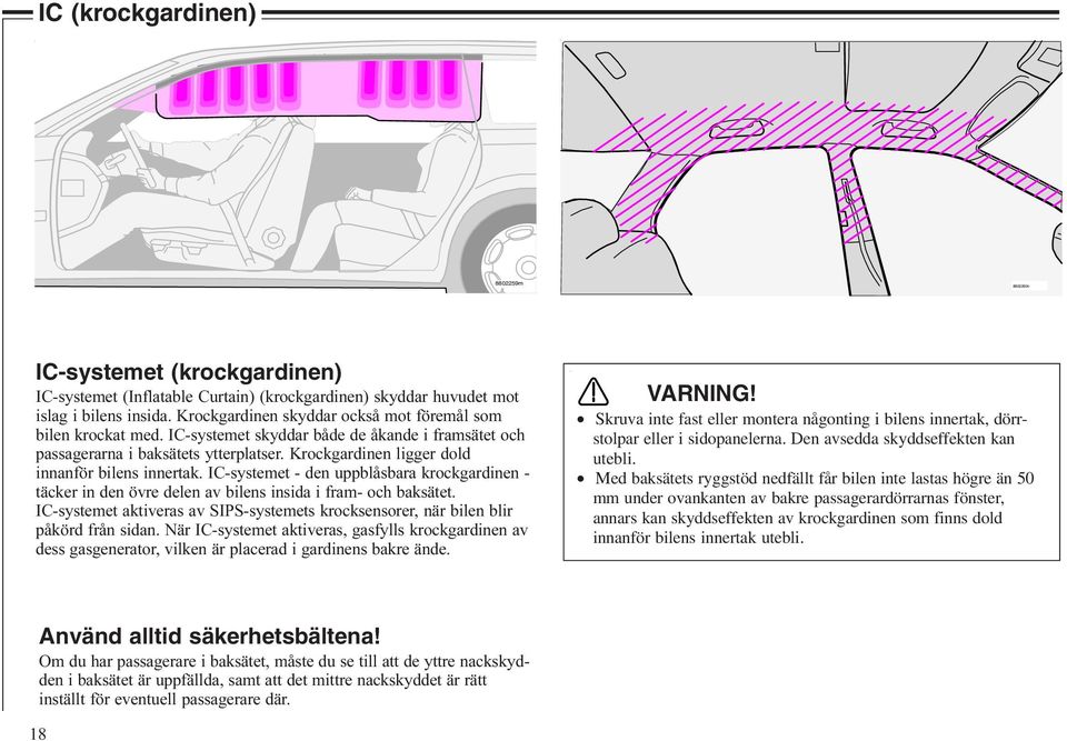 Krockgardinen ligger dold innanför bilens innertak. IC-systemet - den uppblåsbara krockgardinen - täcker in den övre delen av bilens insida i fram- och baksätet.