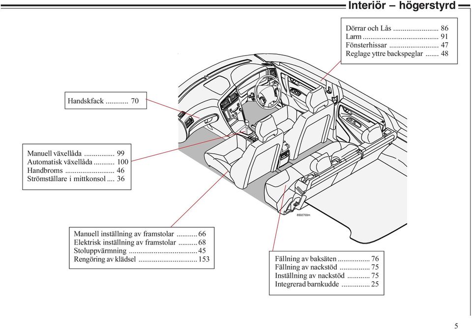 .. 36 8502703m Manuell inställning av framstolar... 66 Elektrisk inställning av framstolar... 68 Stoluppvärmning.