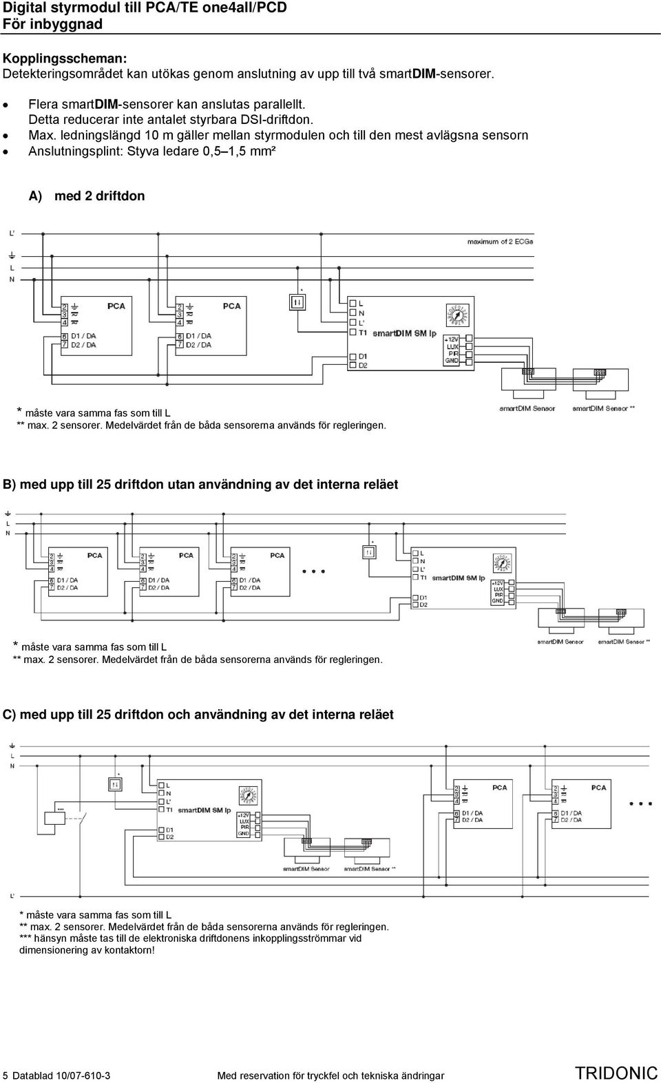 ledningslängd 10 m gäller mellan styrmodulen och till den mest avlägsna sensorn Anslutningsplint: Styva ledare 0,5 1,5 mm² A) med 2 driftdon * måste vara samma fas som till L ** max. 2 sensorer.