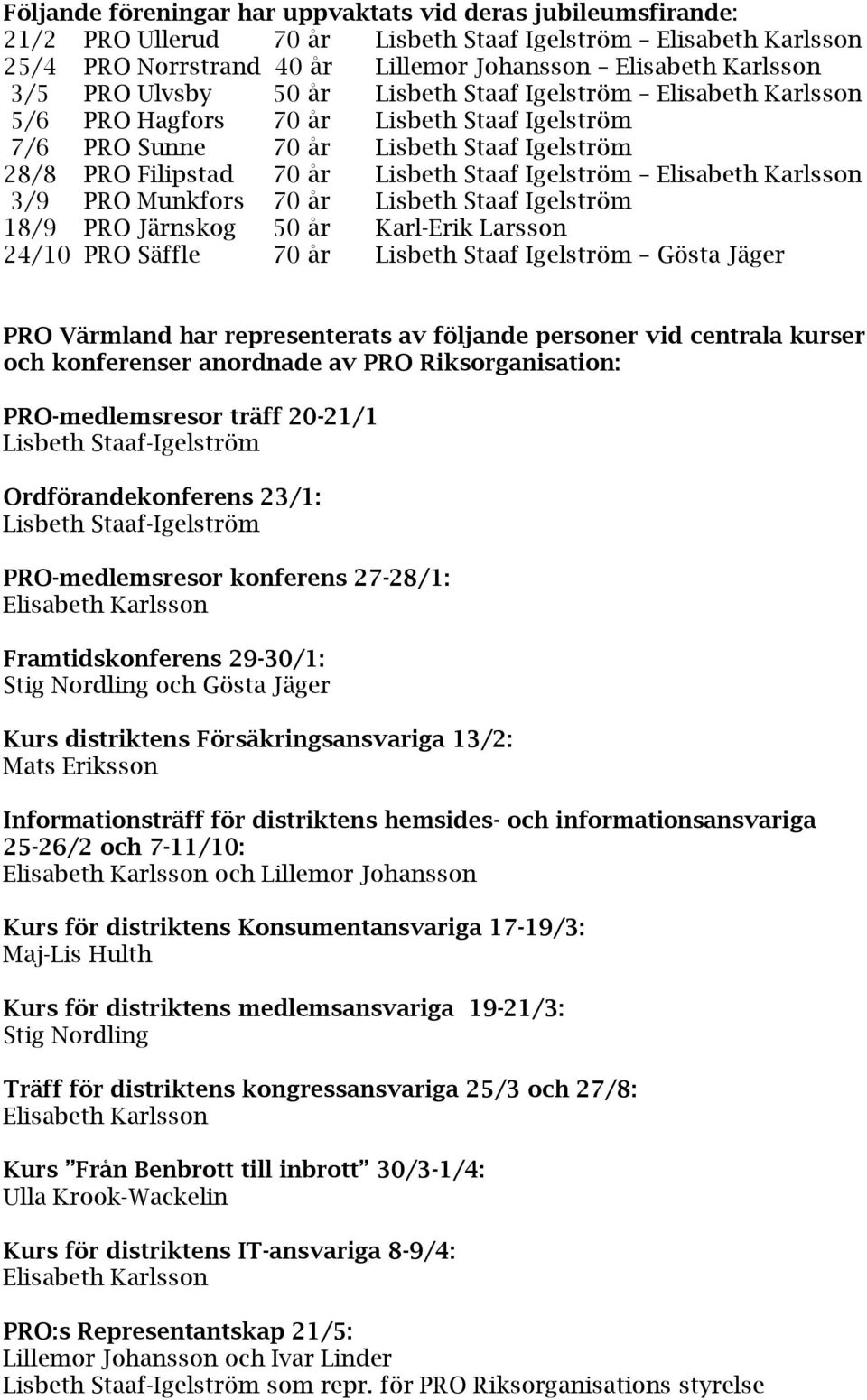 Värmland har representerats av följande personer vid centrala kurser och konferenser anordnade av PRO Riksorganisation: PRO-medlemsresor träff 20-21/1 Lisbeth Staaf-Igelström Ordförandekonferens