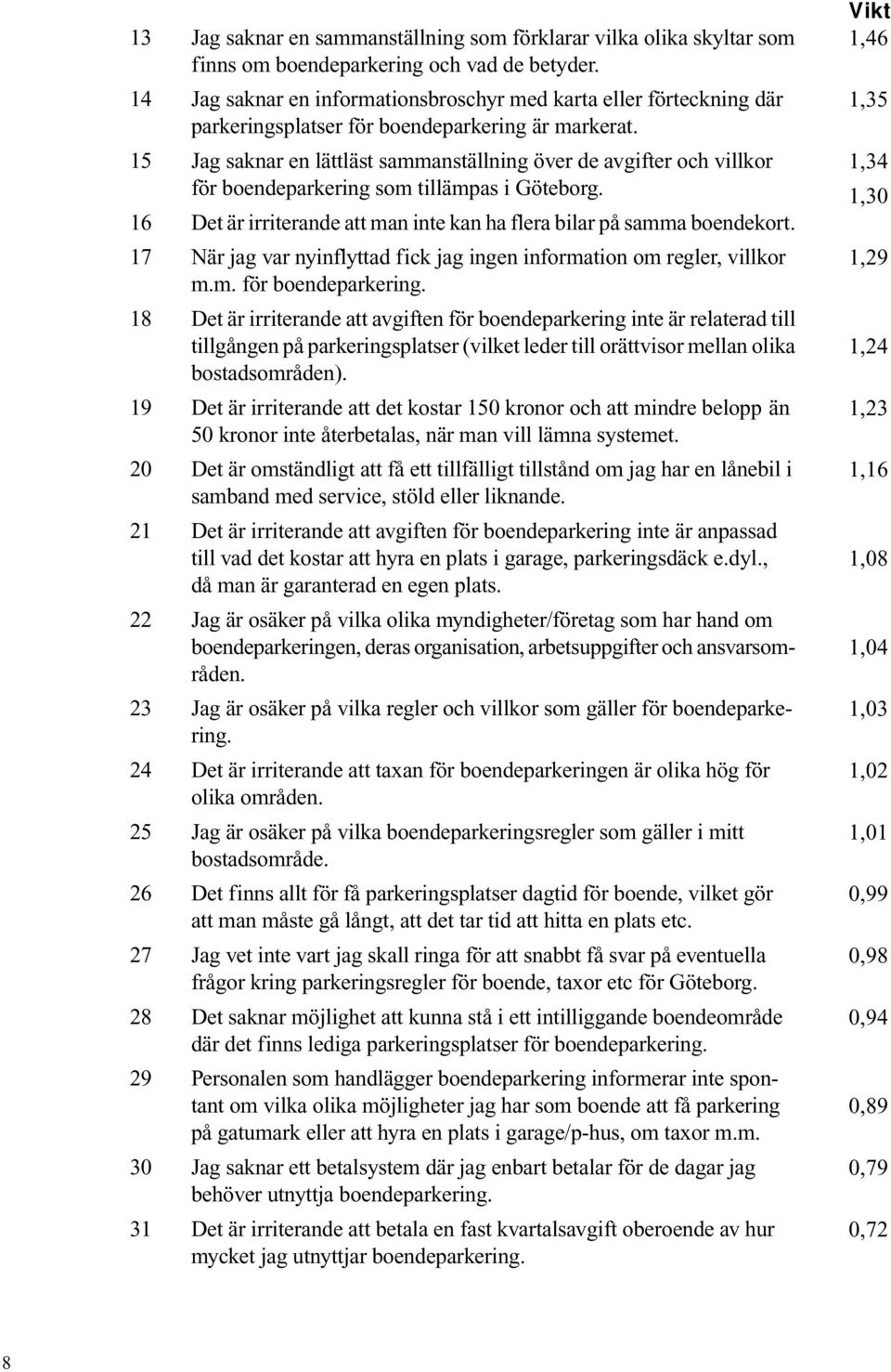 15 Jag saknar en lättläst sammanställning över de avgifter och villkor för boendeparkering som tillämpas i Göteborg. 16 Det är irriterande att man inte kan ha flera bilar på samma boendekort.