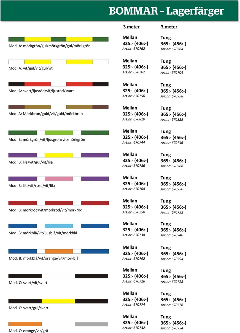 B: mörkblå/vit/orange/vit/mörkblå Mod. C: svart/vit/svart Mod. C: svart/gul/svart Mod. C: orange/vit/grå Art.nr: 670762 Art.nr: 670702 Art.nr: 670756 Art.nr: 670820 Art.nr: 670744 Art.nr: 670786 Art.
