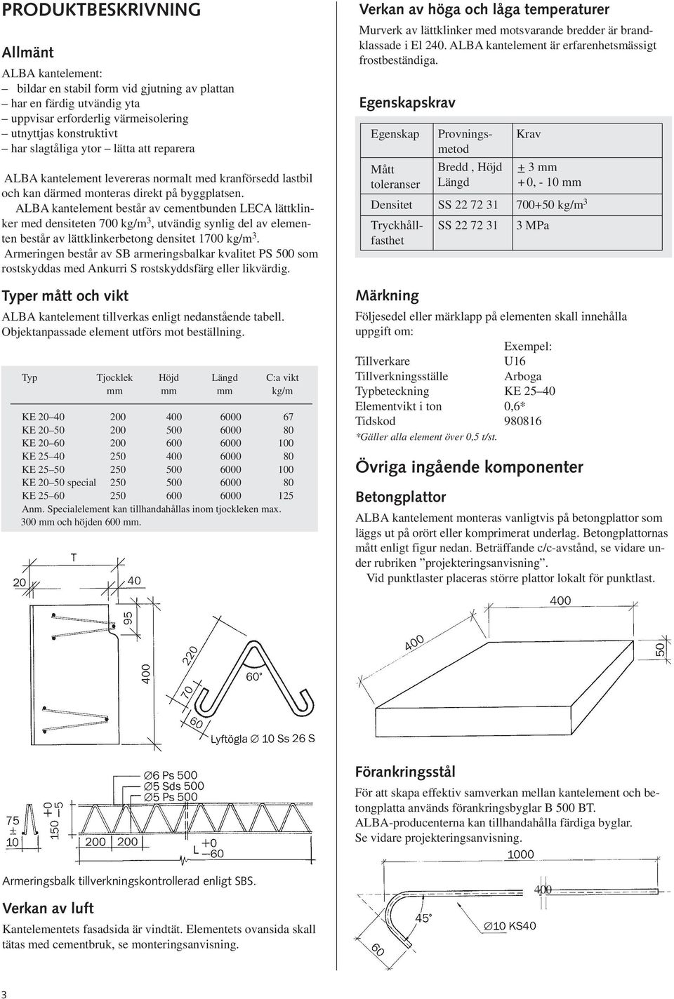 ALBA kantelement består av cementbunden LECA lättklinker med densiteten 700 kg/m 3, utvändig synlig del av elementen består av lättklinkerbetong densitet 1700 kg/m 3.