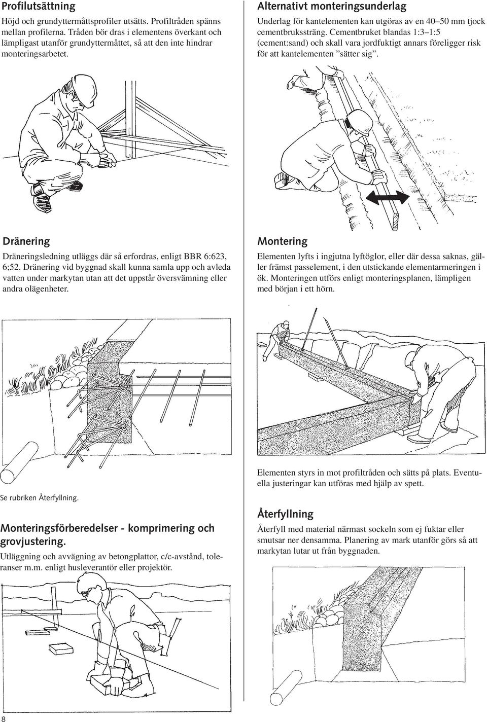 Alternativt monteringsunderlag Underlag för kantelementen kan utgöras av en 40 50 mm tjock cementbrukssträng.