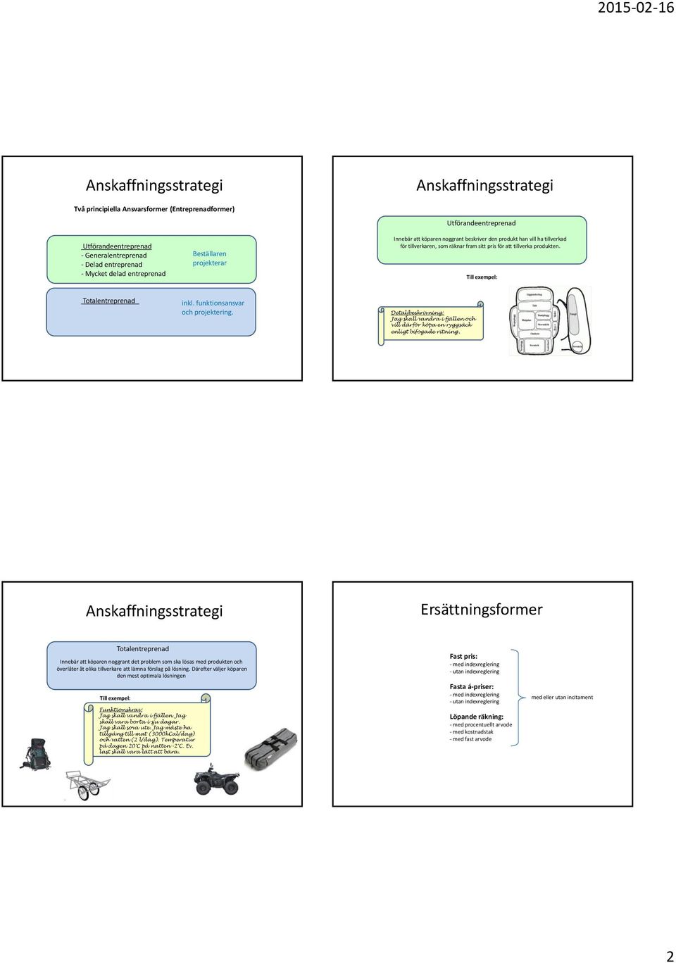 Till exempel: Totalentreprenad inkl. funktionsansvar och projektering. Detaljbeskrivning: Jag skall vandra i fjällen och vill därför köpa en ryggsäck enligt bifogade ritning.