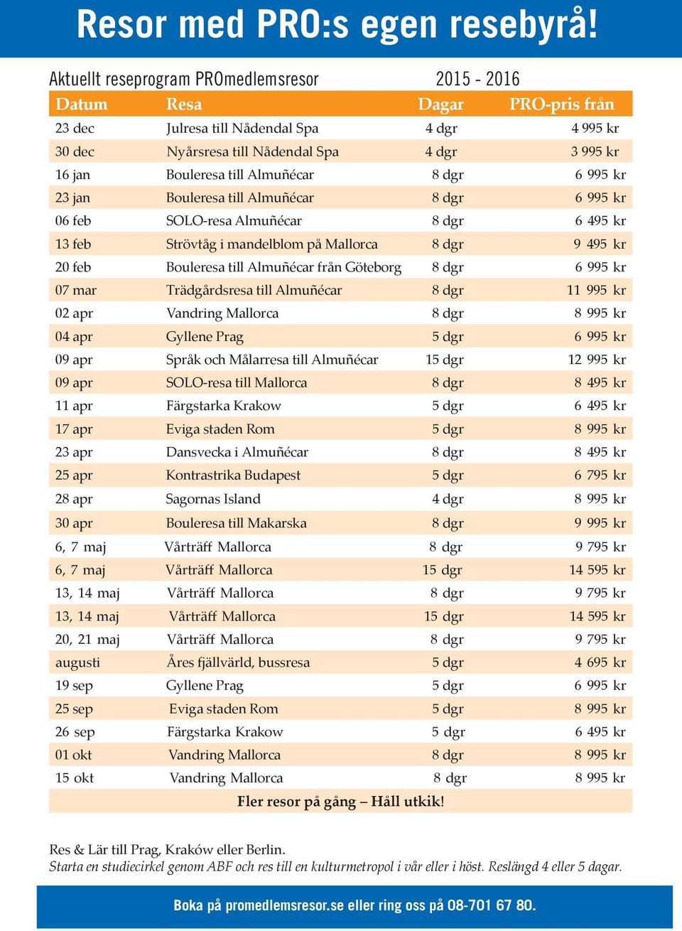 Almuñécar 8 dgr 6 995 kr 23 jan Bouleresa till Almuñécar 8 dgr 6 995 kr 06 feb SOLO-resa Almuñécar 8 dgr 6 495 kr 13 feb Strövtåg i mandelblom på Mallorca 8 dgr 9 495 kr 20 feb Bouleresa till