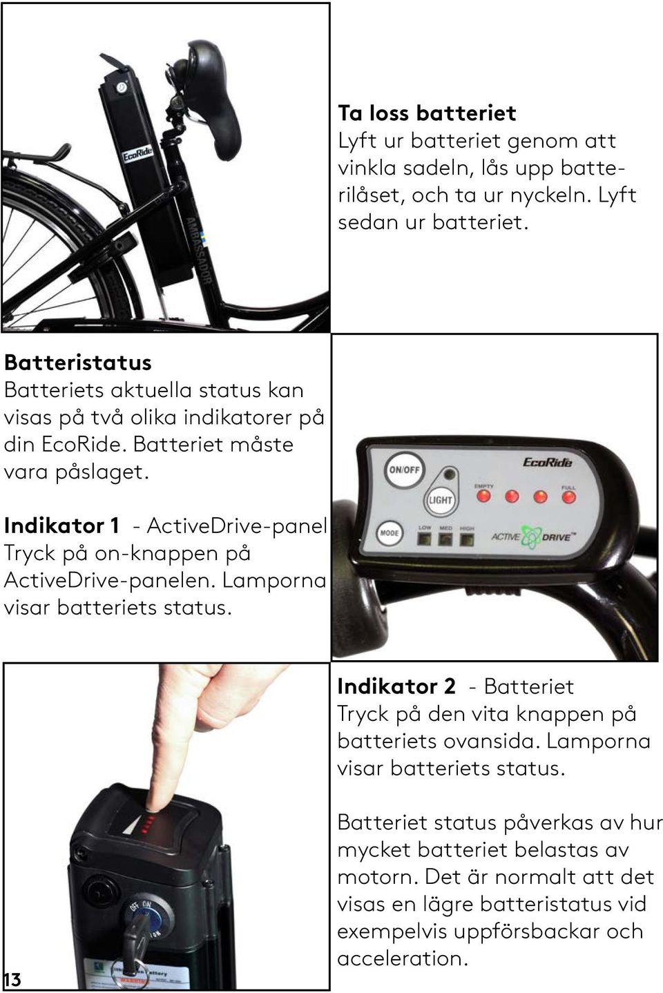 Indikator 1 - ActiveDrive-panel Tryck på on-knappen på ActiveDrive-panelen. Lamporna visar batteriets status.