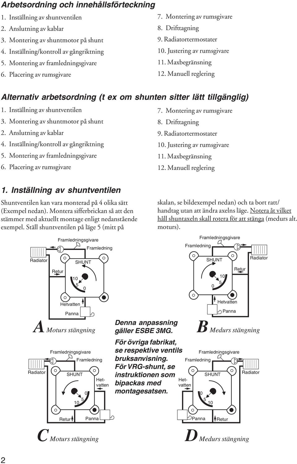 Manuell reglering Alternativ arbetsordning (t ex om shunten sitter lätt tillgänglig) 1. Inställning av shuntventilen 7. Montering av rumsgivare 3. Montering av shuntmotor på shunt 8. Drifttagning 2.