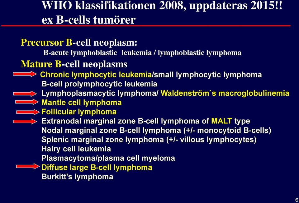 leukemia/small lymphocytic lymphoma B-cell prolymphocytic leukemia Lymphoplasmacytic lymphoma/ Waldenström`s macroglobulinemia Mantle cell lymphoma Follicular