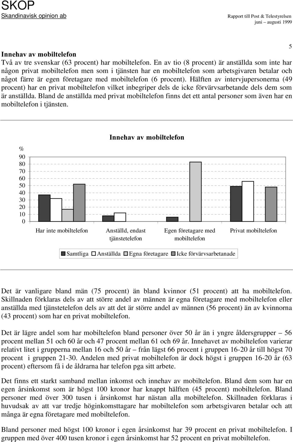 procent). Hälften av intervjupersonerna (49 procent) har en privat mobiltelefon vilket inbegriper dels de icke förvärvsarbetande dels dem som är anställda.