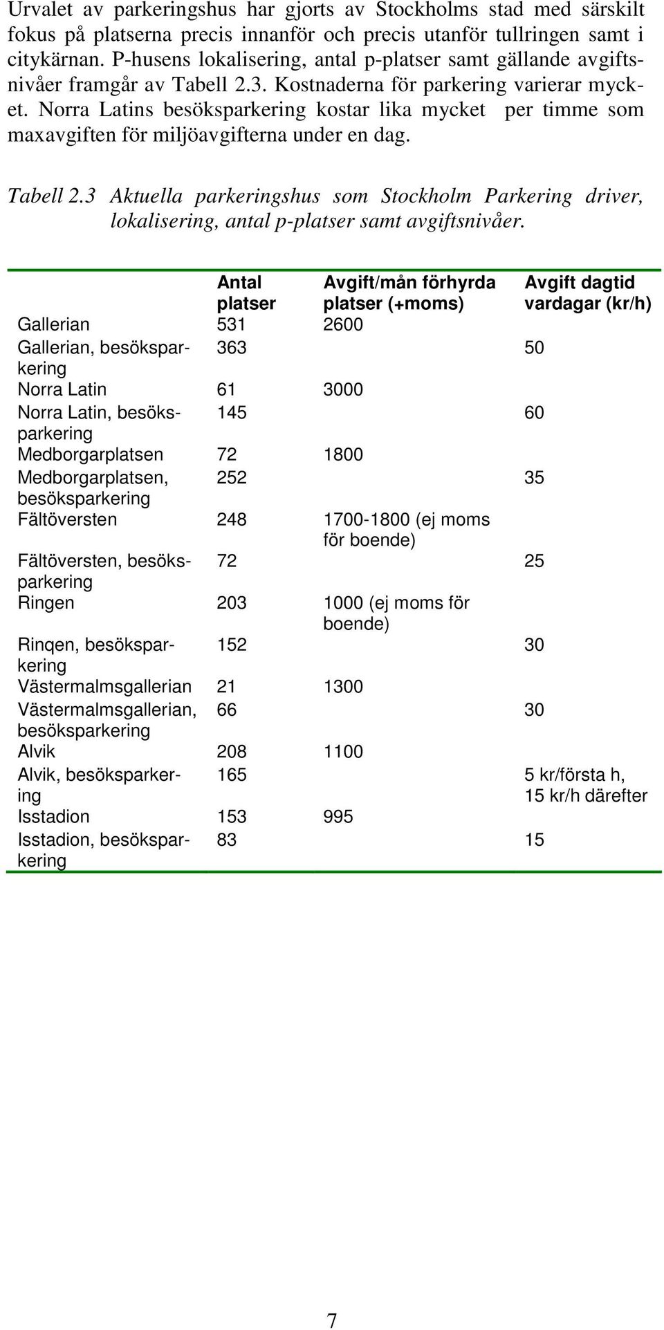 Norra Latins besöksparkering kostar lika mycket per timme som maxavgiften för miljöavgifterna under en dag. Tabell 2.