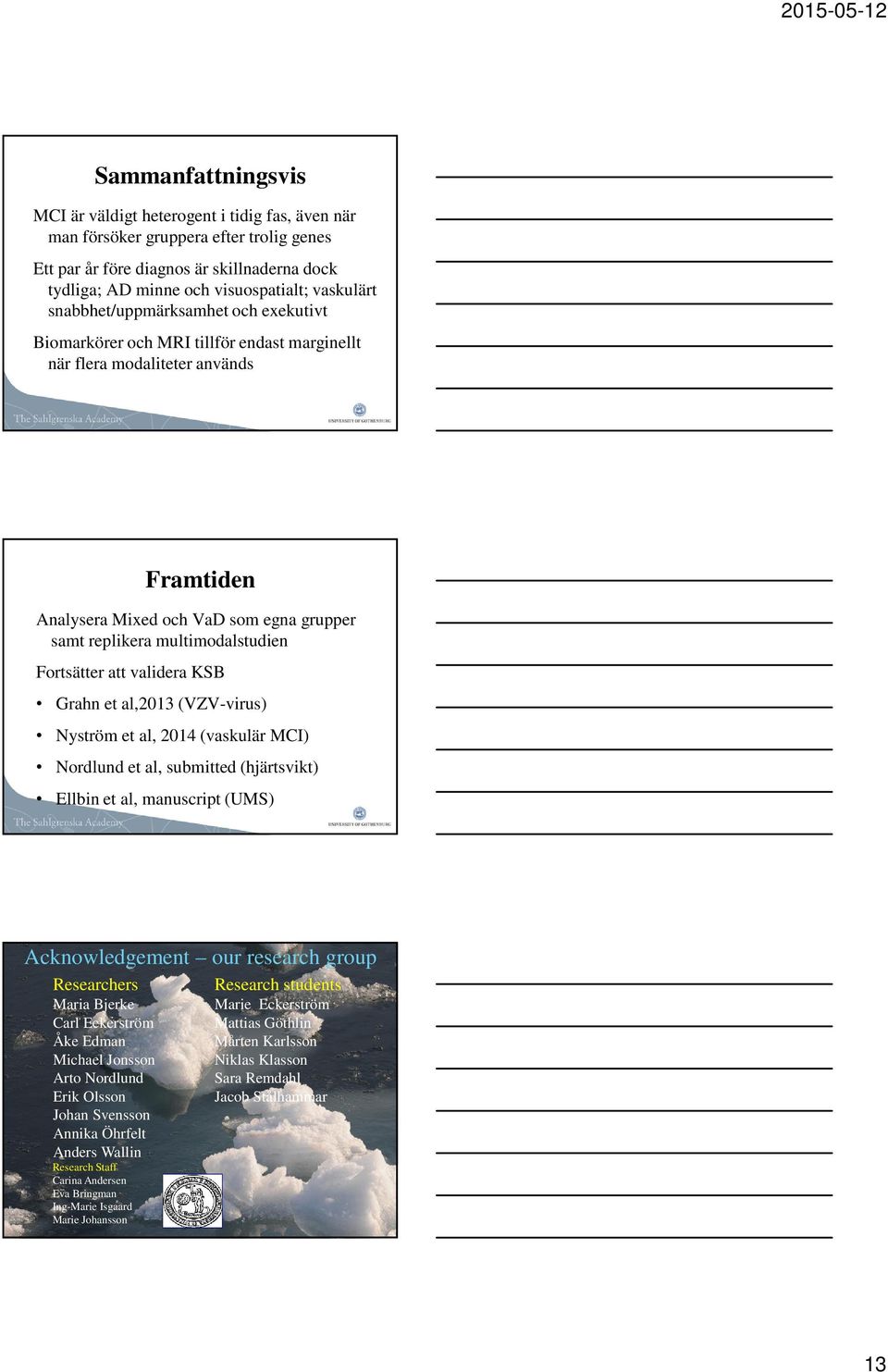 Fortsätter att validera KSB Grahn et al,2013 (VZV-virus) Nyström et al, 2014 (vaskulär MCI) Nordlund et al, submitted (hjärtsvikt) Ellbin et al, manuscript (UMS) Acknowledgement our research group