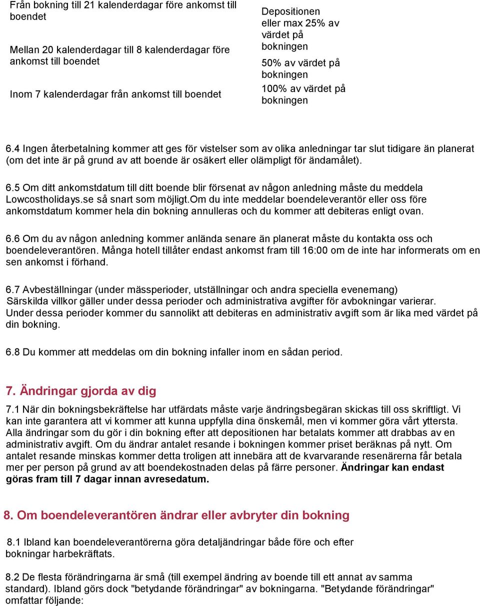 4 Ingen återbetalning kommer att ges för vistelser som av olika anledningar tar slut tidigare än planerat (om det inte är på grund av att boende är osäkert eller olämpligt för ändamålet). 6.