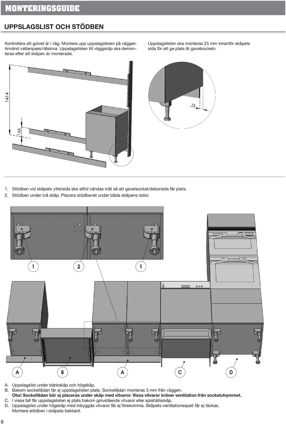 Placera stödbenet under båda skåpens sidor. 8 A. Uppslagslist under bänkskåp och högskåp. B. Bakom sockellådan får ej uppslagslisten plats. Sockellådan monteras 3 mm från väggen. Obs!