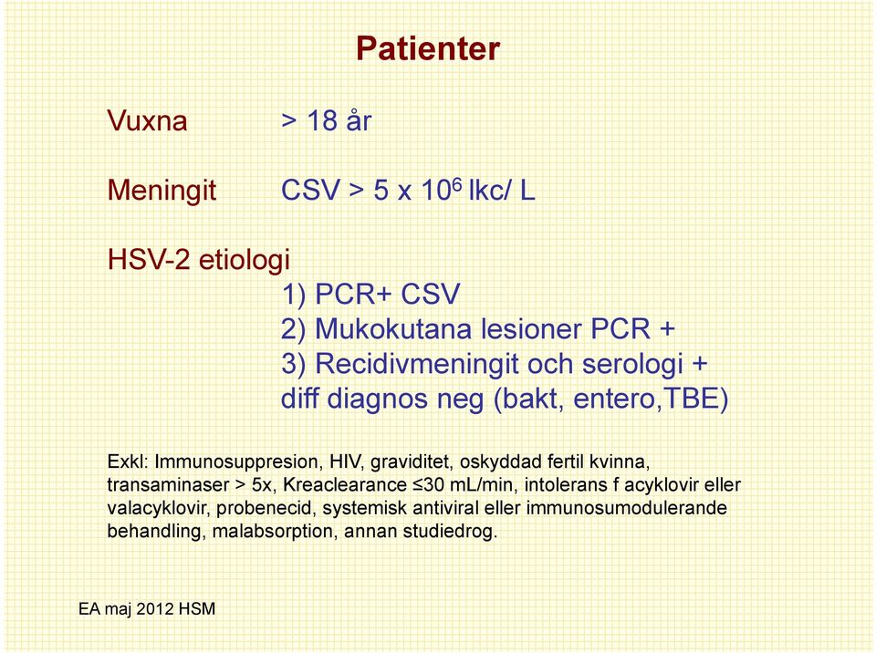 graviditet, oskyddad fertil kvinna, transaminaser > 5x, Kreaclearance 30 ml/min, intolerans f acyklovir