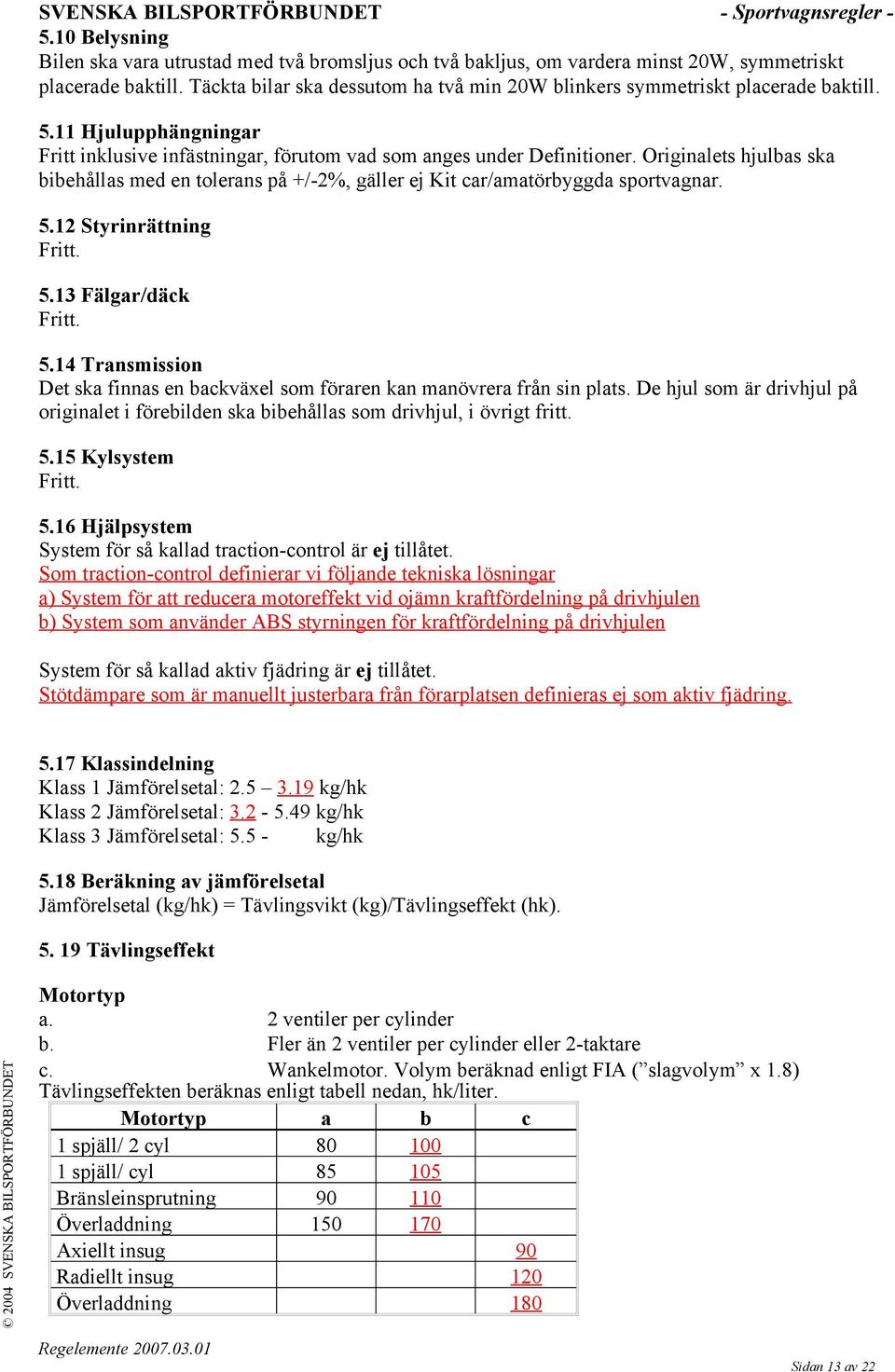 Originalets hjulbas ska bibehållas med en tolerans på +/-2%, gäller ej Kit car/amatörbyggda sportvagnar. 5.12 Styrinrättning Fritt. 5.13 Fälgar/däck Fritt. 5.14 Transmission Det ska finnas en backväxel som föraren kan manövrera från sin plats.