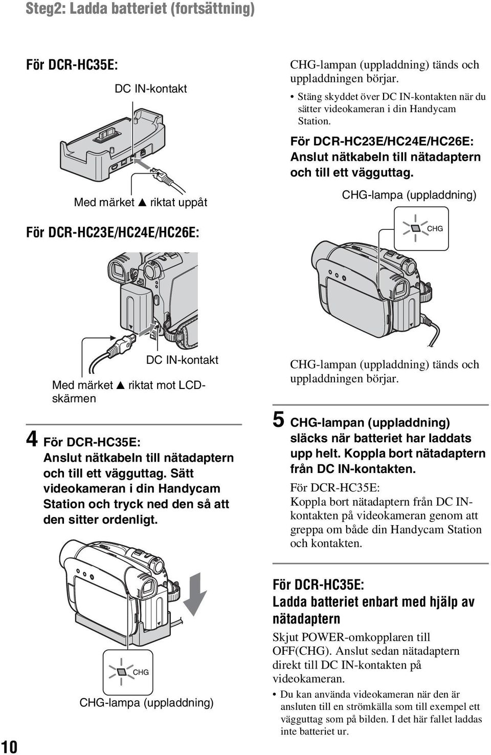 CHG-lampa (uppladdning) För DCR-HC23E/HC24E/HC26E: DC IN-kontakt Med märket v riktat mot LCDskärmen 4 För DCR-HC35E: Anslut nätkabeln till nätadaptern och till ett vägguttag.