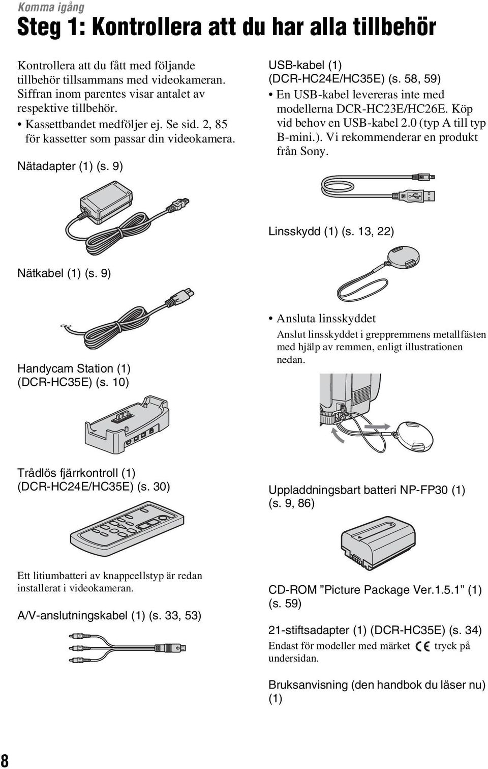 58, 59) En USB-kabel levereras inte med modellerna DCR-HC23E/HC26E. Köp vid behov en USB-kabel 2.0 (typ A till typ B-mini.). Vi rekommenderar en produkt från Sony. Linsskydd (1) (s.