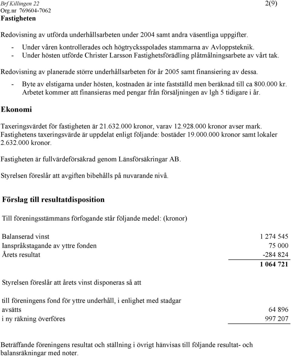 - Byte av elstigarna under hösten, kostnaden är inte fastställd men beräknad till ca 800.000 kr. Arbetet kommer att finansieras med pengar från försäljningen av lgh 5 tidigare i år.