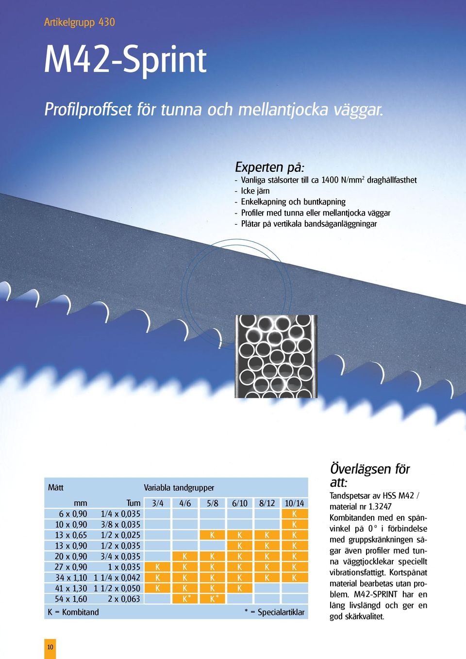 bandsåganläggningar Variabla tandgrupper mm Tum 3/4 4/6 5/8 6/10 8/12 10/14 6 0,90 1/4 0,035 K 10 0,90 3/8 0,035 K 13 0,65 1/2 0,025 K K K K 13 0,90 1/2 0,035 K K K 20 0,90 3/4 0,035 K K K K K 27