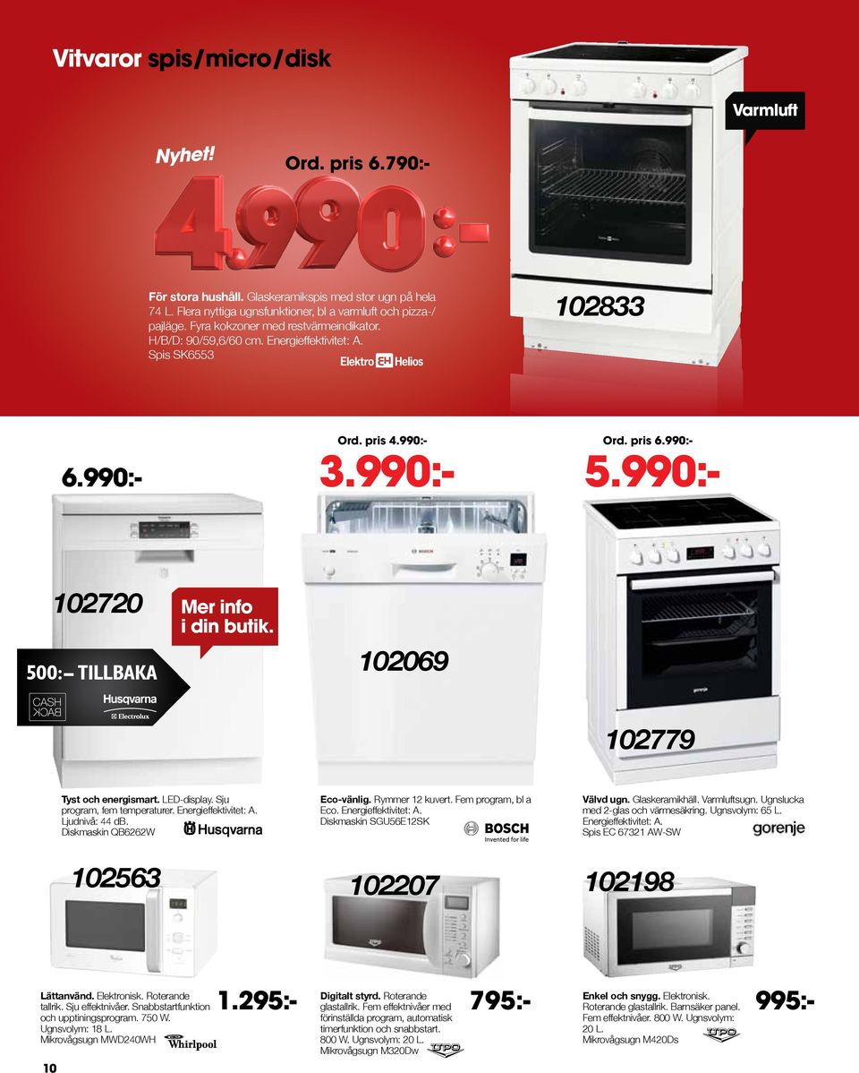 102069 102779 Tyst och energismart. LED-display. Sju program, fem temperaturer. Energieffektivitet: A. Ljudnivå: 44 db. Diskmaskin QB6262W Eco-vänlig. Rymmer 12 kuvert. Fem program, bl a Eco.