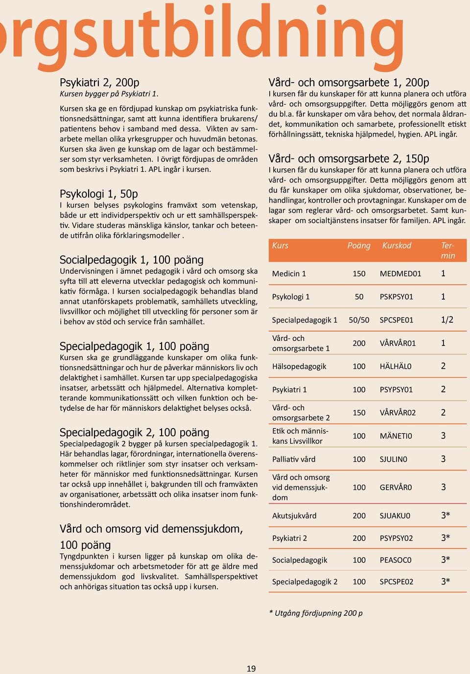 Vikten av samarbete mellan olika yrkesgrupper och huvudmän betonas. Kursen ska även ge kunskap om de lagar och bestämmelser som styr verksamheten.