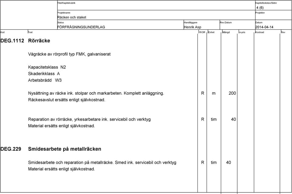 R m 200 Räckesavslut ersätts enligt självkostnad. Reparation av rörräcke, yrkesarbetare ink.