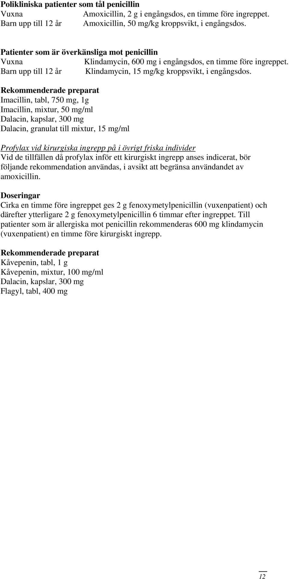 Rekommenderade preparat Imacillin, tabl, 750 mg, 1g Imacillin, mixtur, 50 mg/ml Dalacin, kapslar, 300 mg Dalacin, granulat till mixtur, 15 mg/ml Profylax vid kirurgiska ingrepp på i övrigt friska